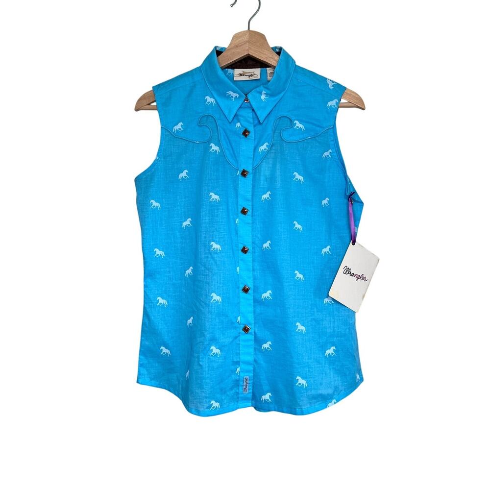 NEW Blue Sleeveless Wrangler Cowgirl Western Blouse Horses Size Small